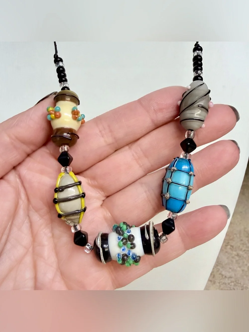 Vintage Lampwork Glass Bead Artisan Sterling Silver Clasp Statement necklace